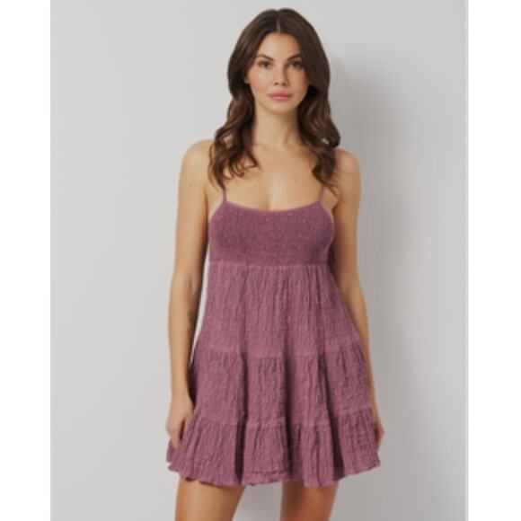 Zara Smocked Tiered Mini Dress Pink Purple Textured Crinkle Size S Summer Boho - Picture 1 of 6